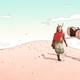 Sable wanders through the desert with her hoverbike Simoon hanging in the air beside her.